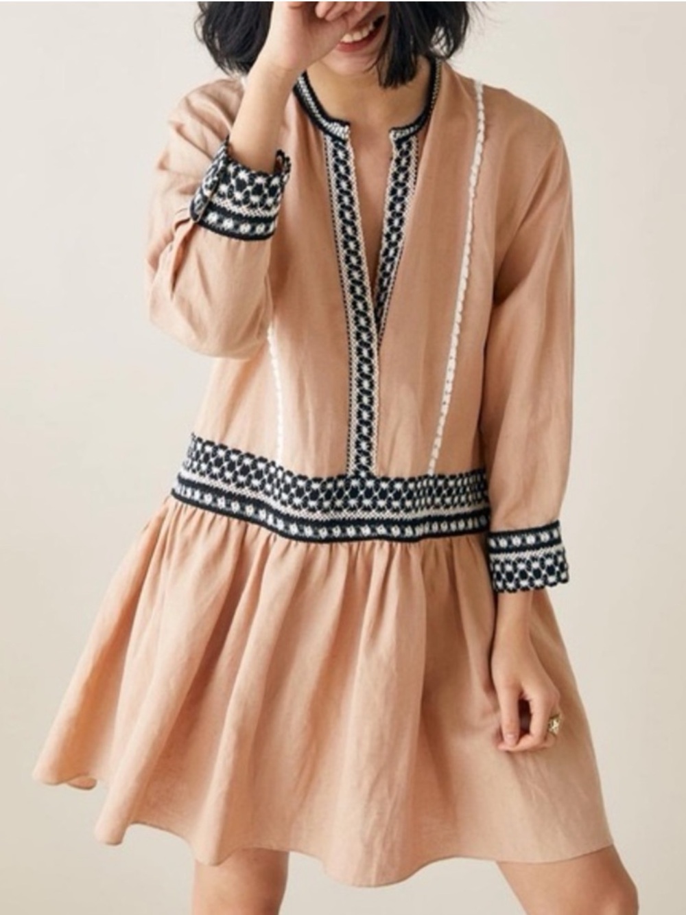 Zara Linen Blend Embroidered Tunic Dress Blush V-Neck XS